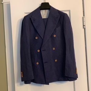 Suitsupply Havana Double Breasted Pleated Suit Mid Blue Pinstripe 42S New